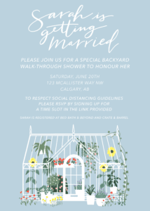 Custom light blue bridal shower invitation with greenhouse